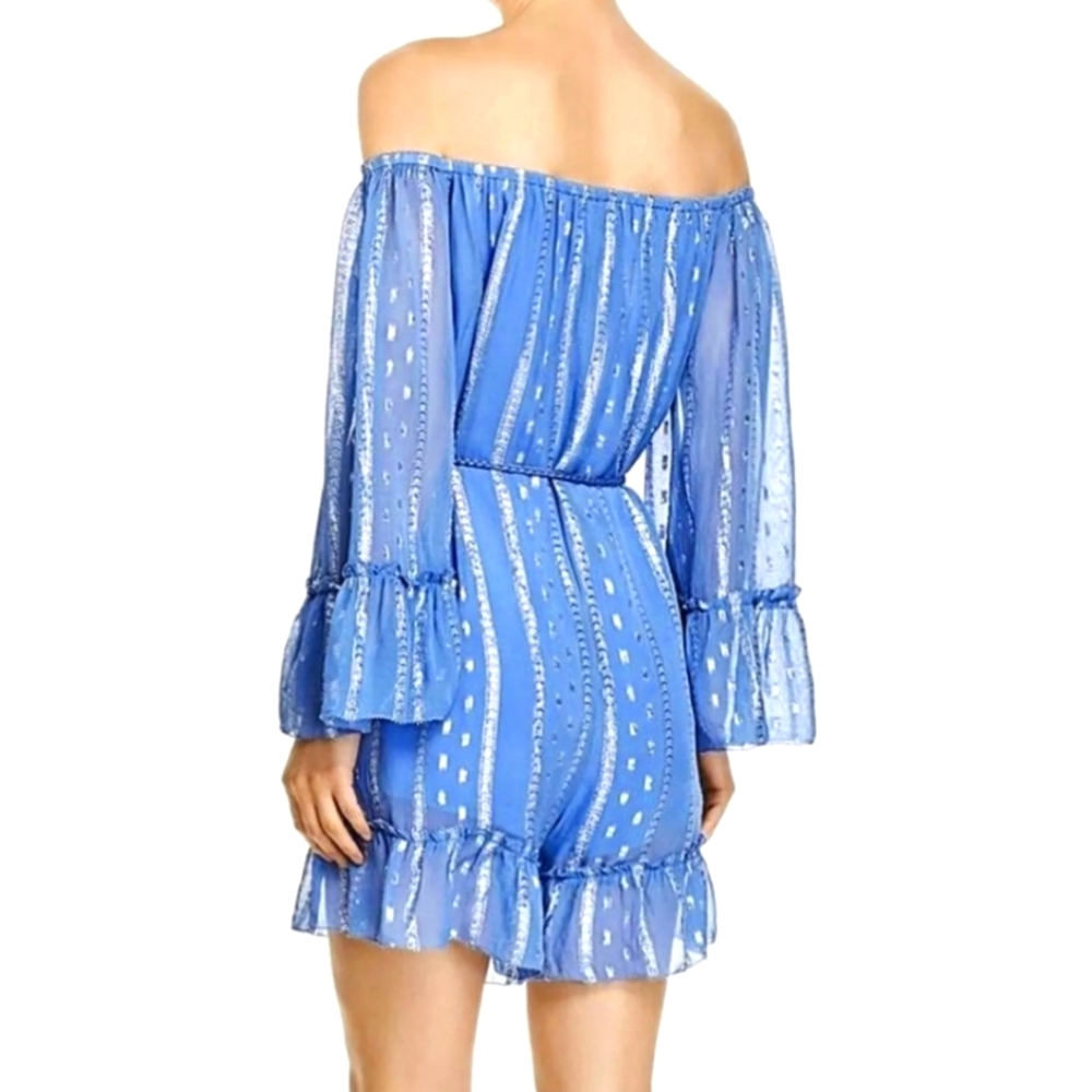 SAYLOR Blue and Silver Off-Shoulder Jumpsuit with Ruffled Sleeves
